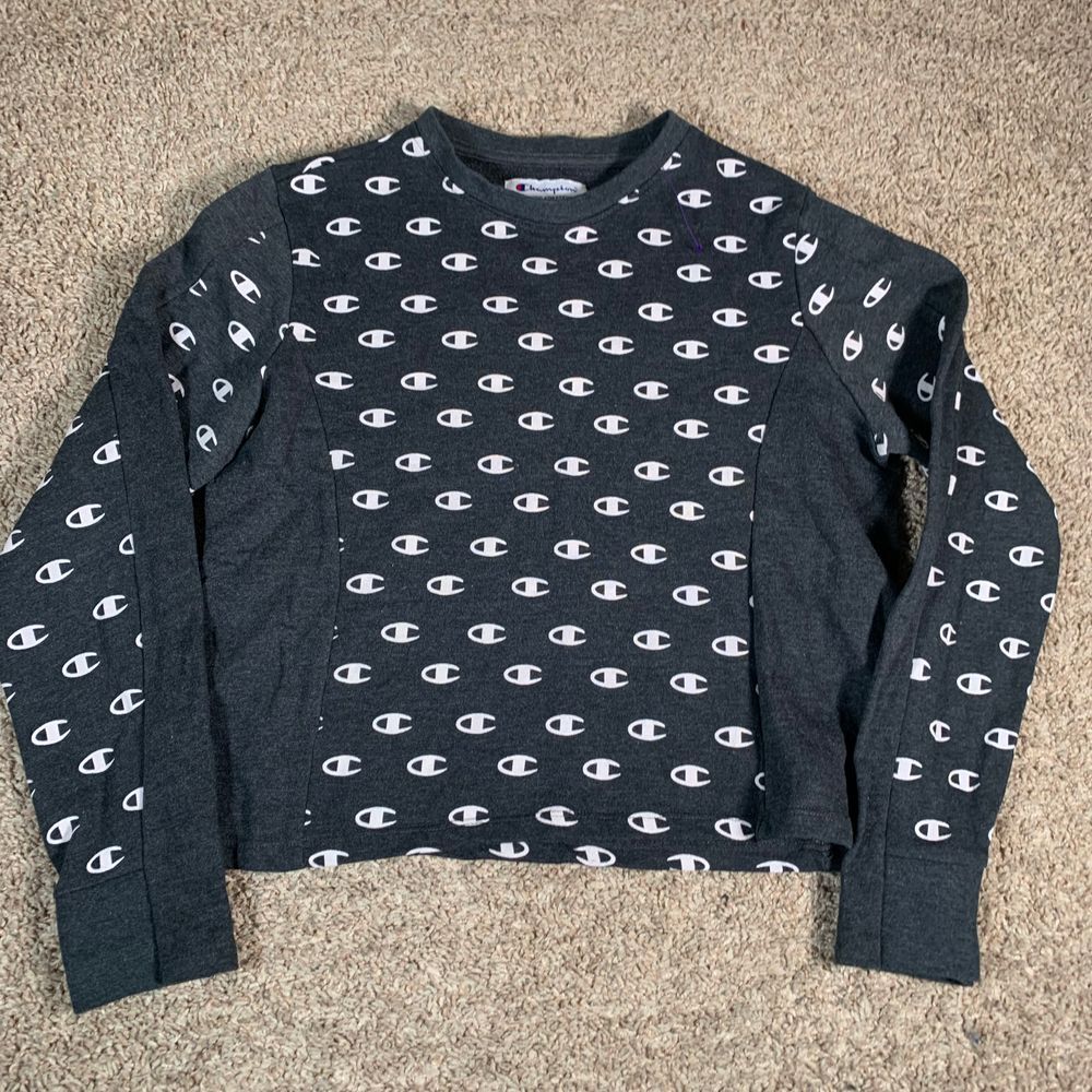 Champion All Over Logo Print Crop Long‎ Sleeve Athletic Top Streetwear S/P